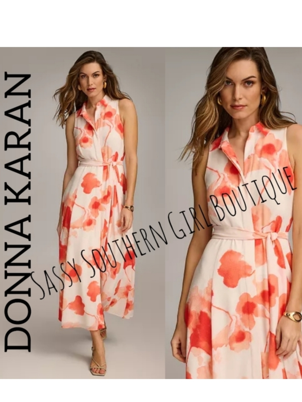 🆕⭐ Donna Karan Black Label White Coral Floral Midi Dress
